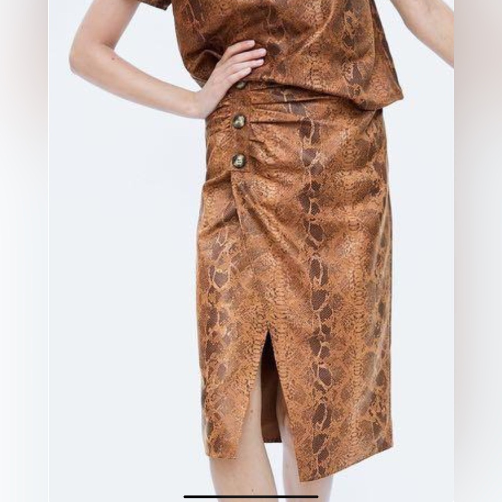 Zara Brown Snakeskin Faux Suede with Split Asymmetrical Midi Pencil Skirt